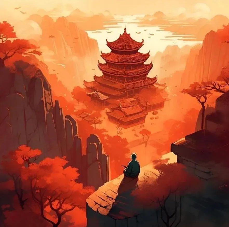 橙红秋色山谷中的中式楼阁与独坐人物插画